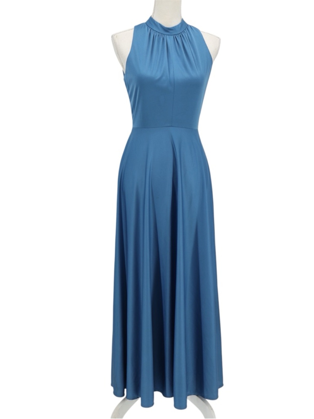 Vintage Blue Halter Maxi Dress Sleeveless Flowy Formal Gown S USA Evening Wear